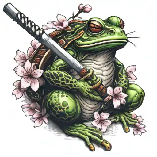 samurai frog with sword and cherry blossom tree tattoo design idea