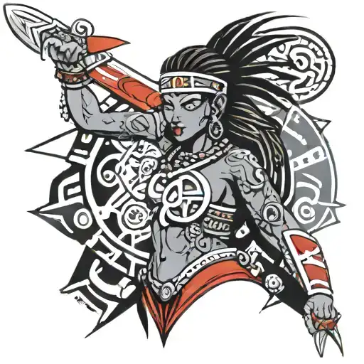 woman warrior with taino symbols and Dominican flag in the background  tattoo design idea
