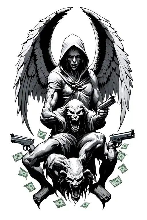 hooded arch angel defeating a demon with guns money drugs tattoo design idea