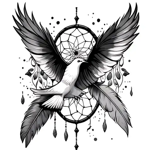 cross, feather, dream catcher, dove flys away tattoo design idea