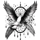 cross, feather, dream catcher, dove flys away tattoo design idea