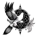 cross, feather, dream catcher, dove flys away tattoo design idea