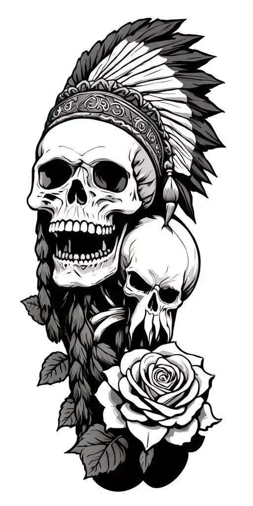 pirate ship, skull with Indian headdress, a rose, zombie tattoo design idea