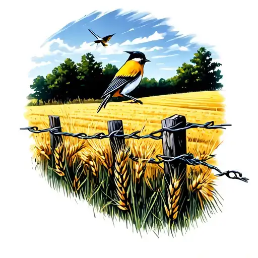 rolling hills landscape, a barbwire fence in the foreground with a scissortail flycatcher sitting on the fence, wheat bo tattoo design idea