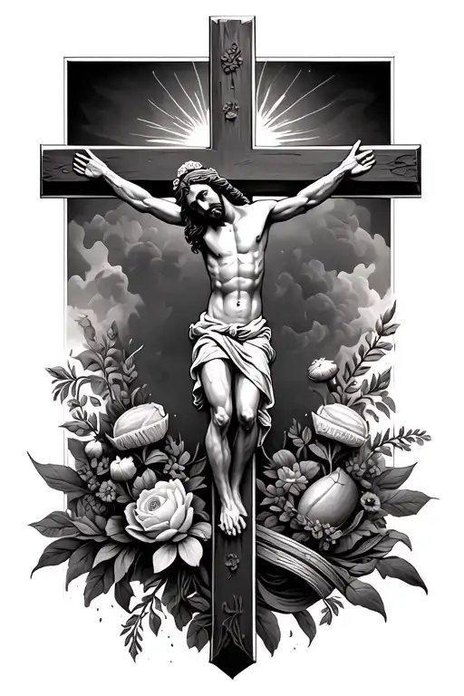 i want a forearm sleeve with jesus on the cross surrounded by filler things tattoo design idea