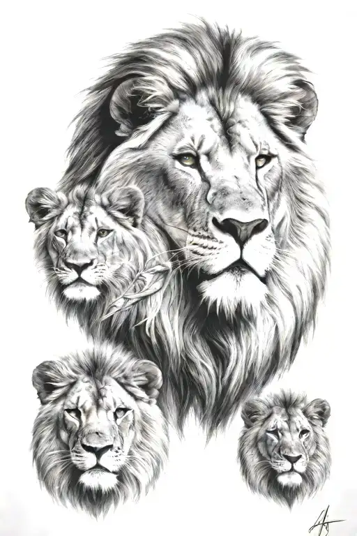 lion angry  and 2 son looking angel portreit wolan tattoo tattoo design idea