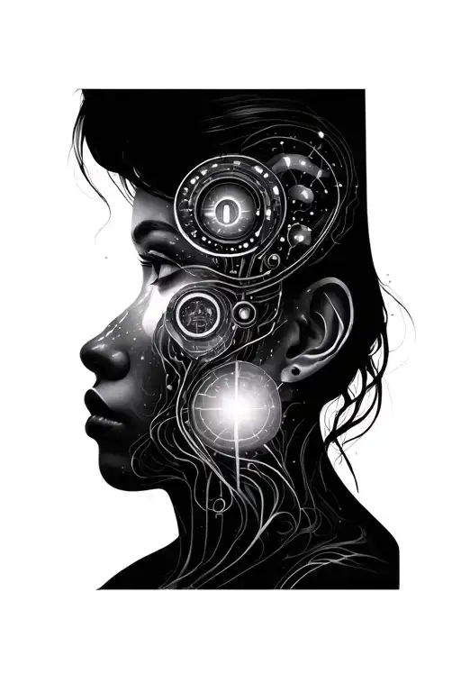A tattoo design for the upper arm: a female figure representing artificial intelligence, elegant and ethereal, partially tattoo design idea