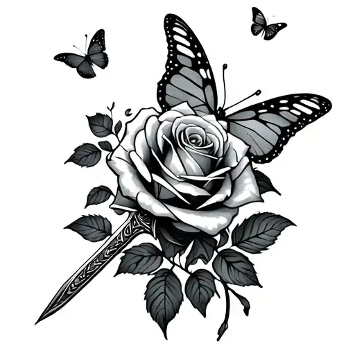 simple rose sword and butterfly  tattoo design idea