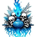 Wate Spilling Vase, Located Human Skulls, Blue Flames and Plants tattoo design idea