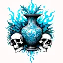 Wate Spilling Vase, Located Human Skulls, Blue Flames and Plants tattoo design idea