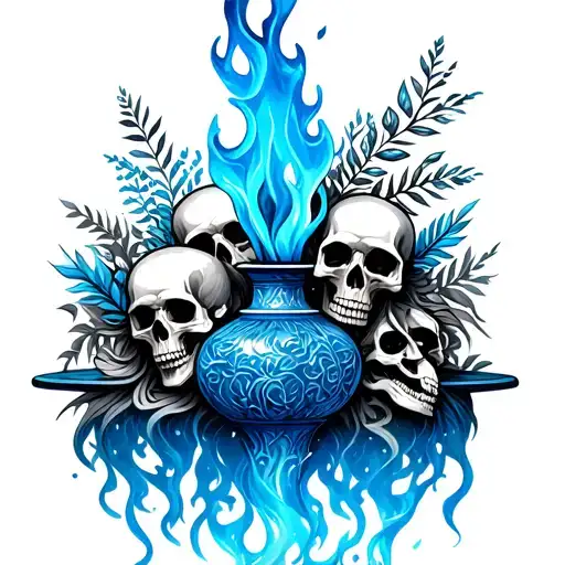 Wate Spilling Vase, Located Human Skulls, Blue Flames and Plants tattoo design idea