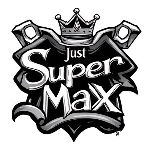 just Super max name written with a cape that wraps around the name and a crown on top tattoo design idea