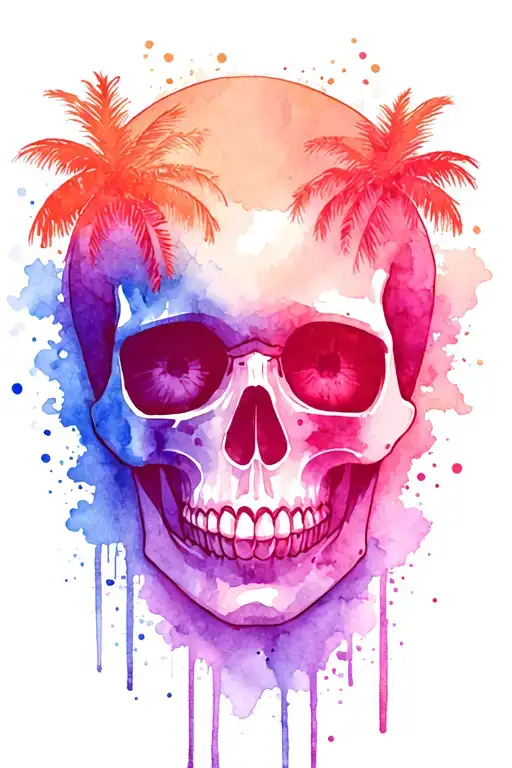 girly black skull no chin explosion of blue, purple and pink watermark with 3 flowing dainty palm trees out of nose/eyes tattoo design idea