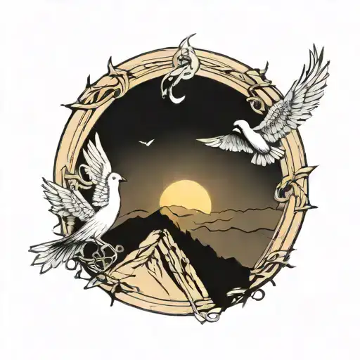 romans 12 2 with doves flying by an eclipsed sun over a mountain with crosses on it  tattoo design idea