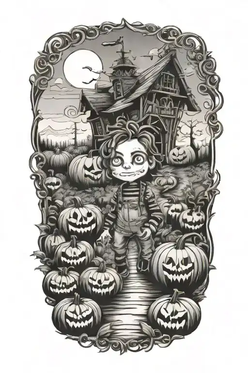 A Whimsical Tim Burton-Inspired Pumpkin Patch With chucky Elements Intertwined Tattoo Idea tattoo design idea