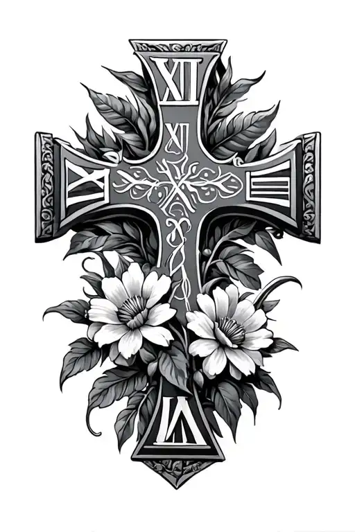 Roman numerals cross flowers intertwined tattoo design idea