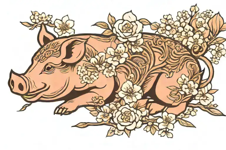 lao asian pig and kopi fish surrounded with cherry blossom  tattoo design idea