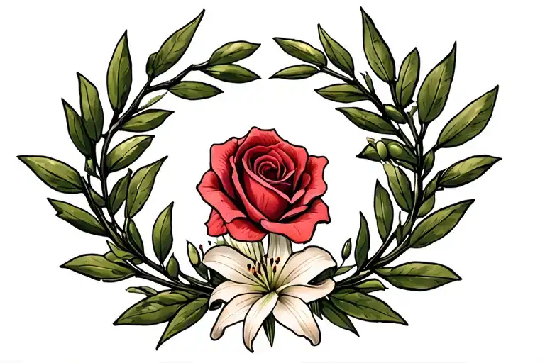 A laurel wreath made of olive tree branches, with roses and lilies in the center tattoo design idea