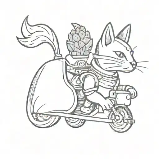 a knight cat with a strawberry for helmet only face and ears visible while riding a kelpie cartoon cute style  tattoo design idea