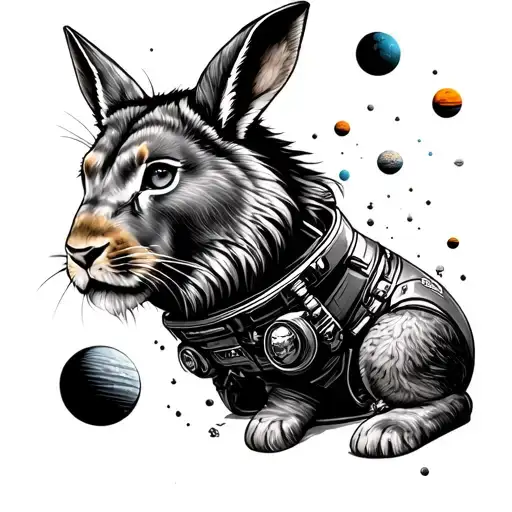 I want a Roman coliseum, a lion-headed rabbit, an F1 car but without a brand, an astronaut seeing planets tattoo design idea