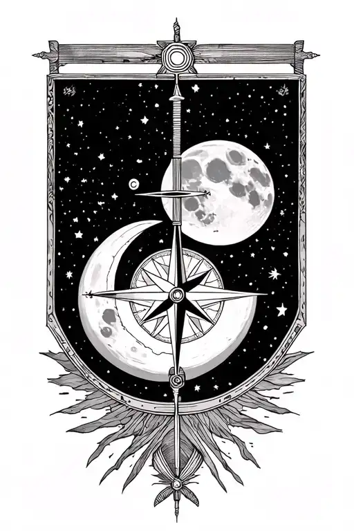 fine line compass with waxing gibbous moon below and waning cresant moon above tattoo design idea