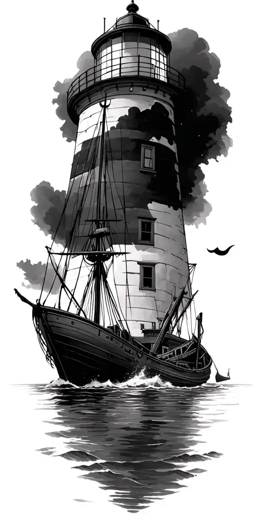 the peggy's cove lighthouse with a shipwreck on the rocks in front of it and a small lifeboat coming from the boat tattoo design idea