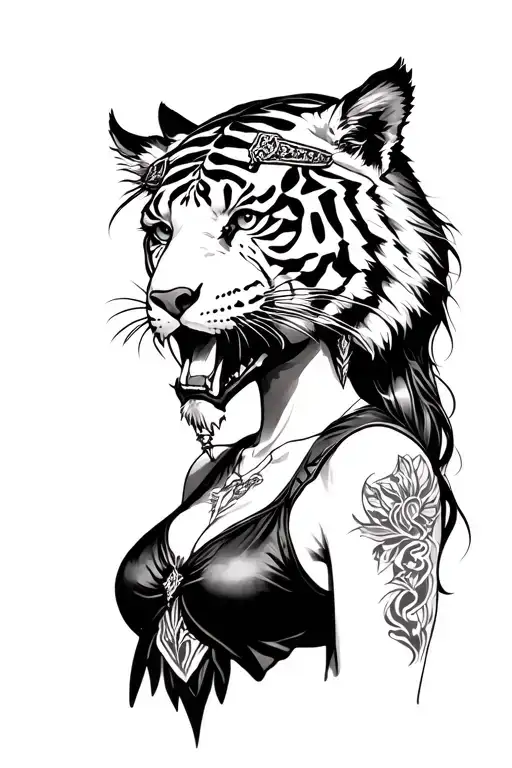 lady wearing saber tooth tiger head piece tattoo design idea