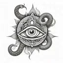 trident with third eye, snake, lotus, rudraksha at bottom tattoo design idea