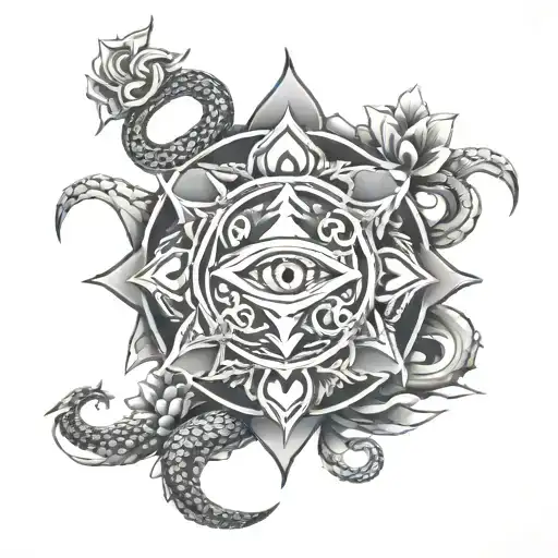 trident with third eye, snake, lotus, rudraksha at bottom tattoo design idea
