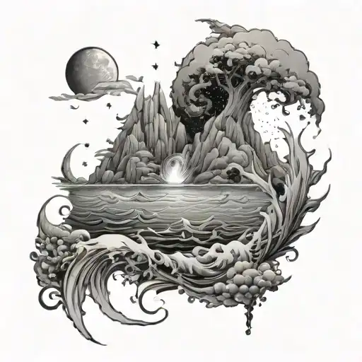 I'm looking for a sleeve that includes the ocean and water as well and the sky and stars. I want a mystical type look  tattoo design idea
