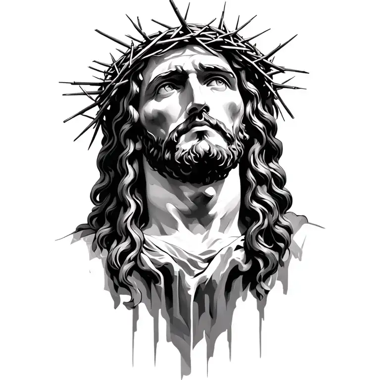 the face of Jesus looking up with the crown of thorns on his head tattoo design idea