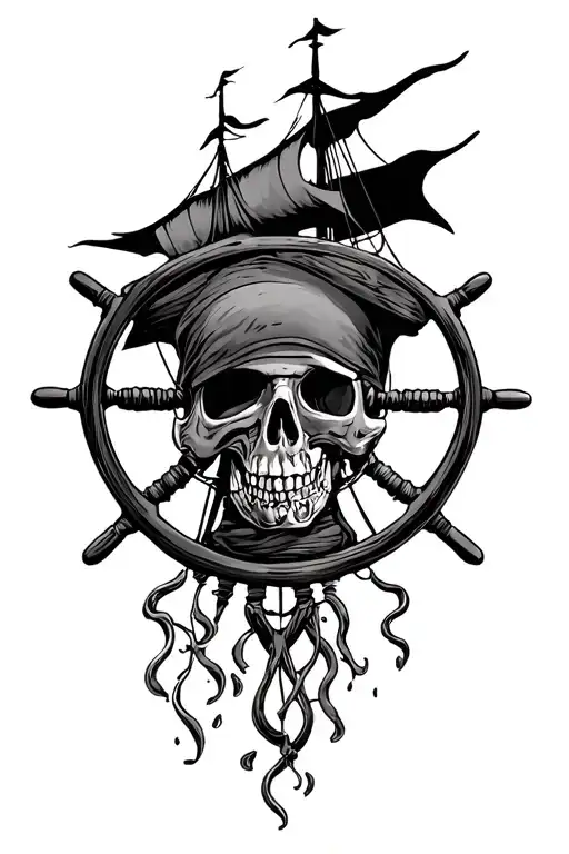 Dark pirate ship steering wheel tattoo design idea