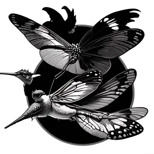 DRAGON FLY & BUTTERFLY & HUMMING BIRD FLYING OUT tattoo design idea