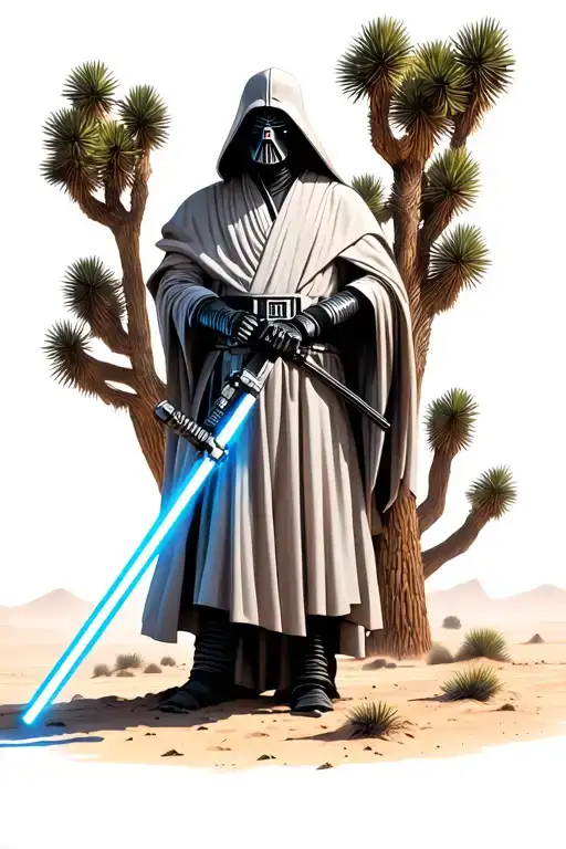 star wars sith lord full body shot holding a lightsaber in the desert with joshua trees tattoo design idea