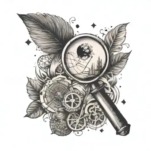 Create a tattoo of a magnifying glass surrounded by various symbols of curiosity and exploration tattoo design idea