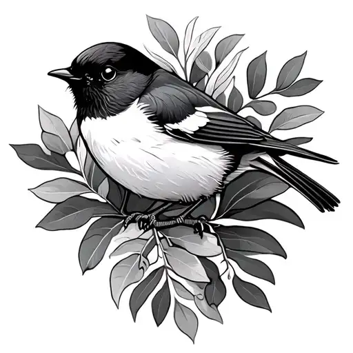 Willy Wagtail sitting in eucalyptus leaves tattoo design idea