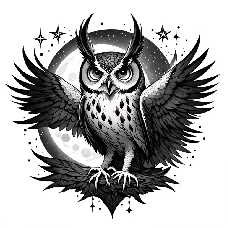 Nyx Goddess of night owl moon stars and mist tattoo design idea