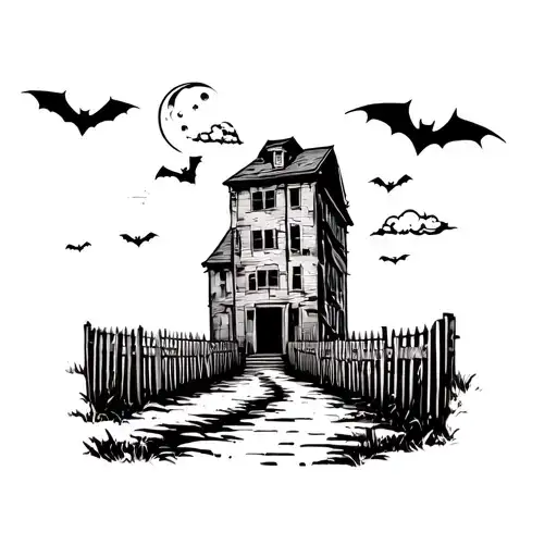 tall abandoned building with a stome path leading to it with a fence with bats flying in the sir with a moon and clouds tattoo design idea