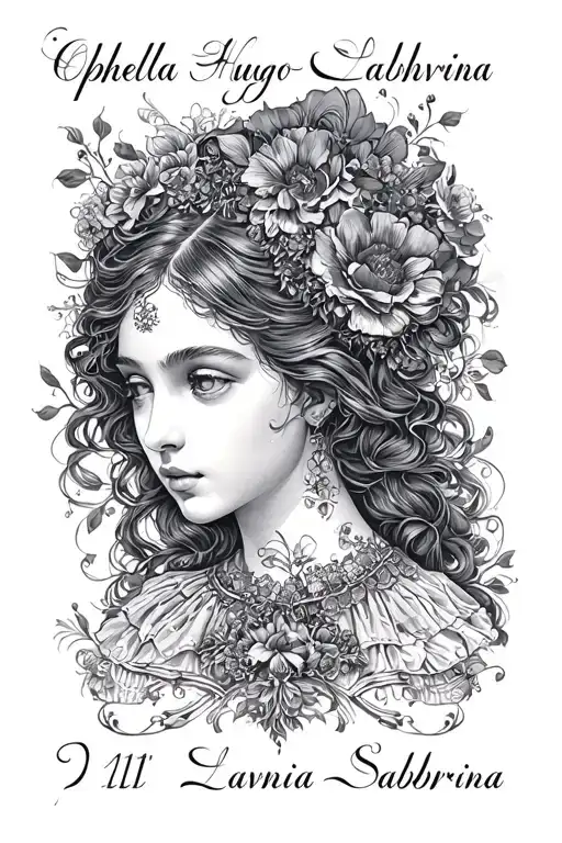 "Ophelia Hugo Lavinia Sabrina " renaissance style tattoo design idea