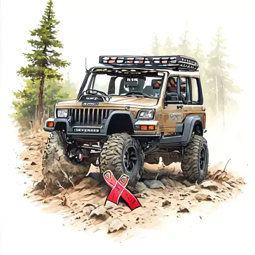 A Jeep off-roading over a rugged terrain with a spinal cord injury ribbon incorporated into the design tattoo design idea