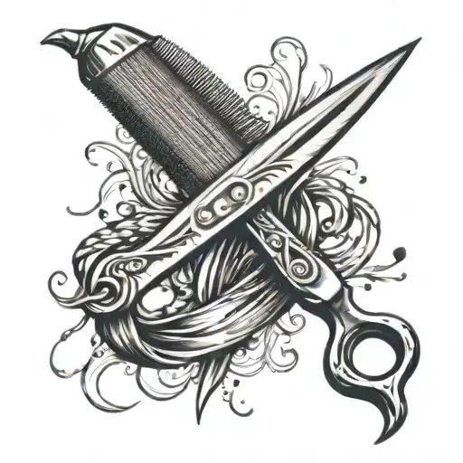An intricate tattoo featuring a barber's scissors intertwined with artistic brush strokes, representing the client's profession and passion for art tattoo design idea