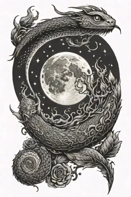 full moon in the middle, getting smaller to both sides, with cool Linea around, maybe a snake too somewhere tattoo design idea