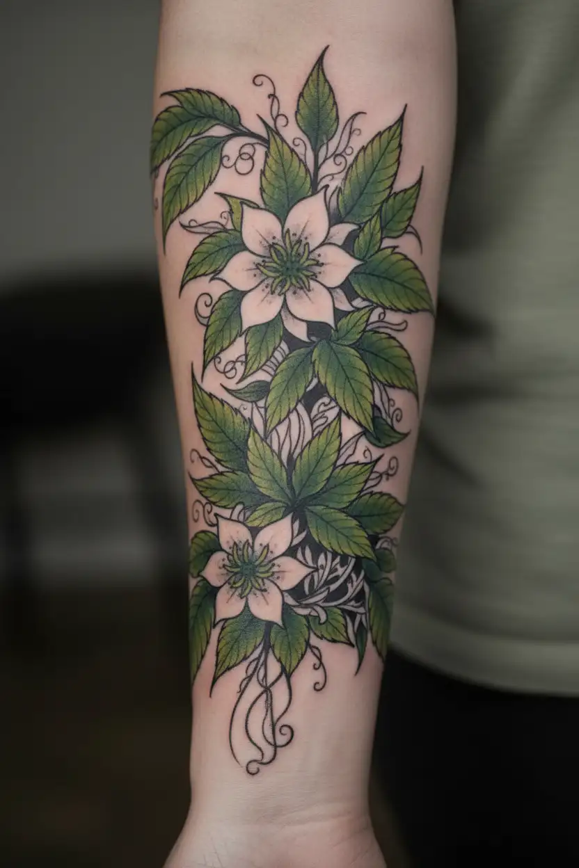 floral and cannabis leaves falling tattoo design idea