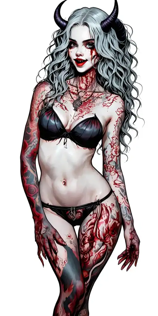 Sexy Pale Girl, petite,big boobs,wide hips, G-String.Messy hair,demonic horns, sexual.Seductive smile.Full Body,vampire tattoo design idea