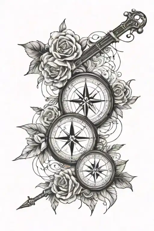 A compass but replace the north needle with a sword, the south with a dog leash, the east with a flower and the west with a guitar. tattoo design idea