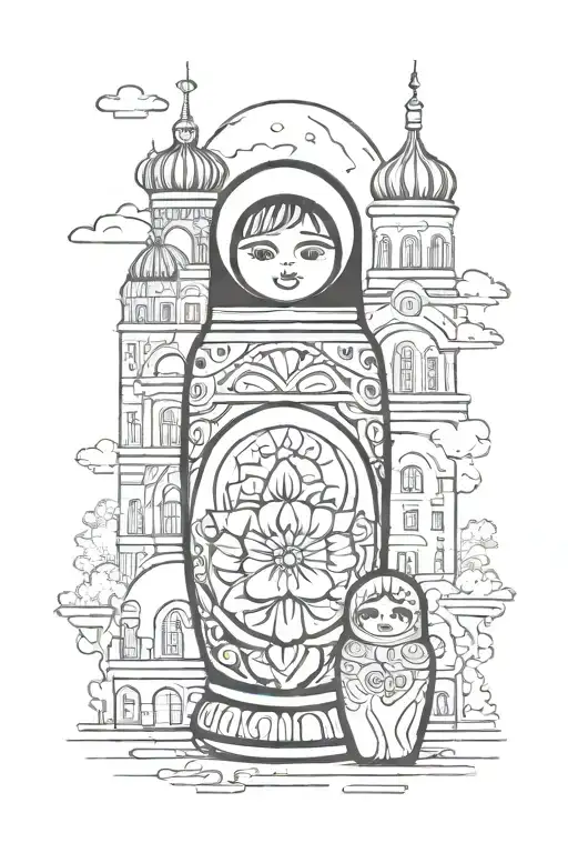 Russian nesting doll in front of Moscow dome buildings tattoo design idea