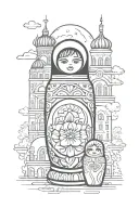 Russian nesting doll in front of Moscow dome buildings tattoo design idea