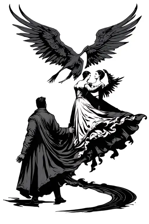 gothic cathedral with man carrying woman long dress tattoo design idea