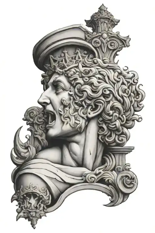 italian statue face, wave crashing, sun setting, church windows tattoo design idea