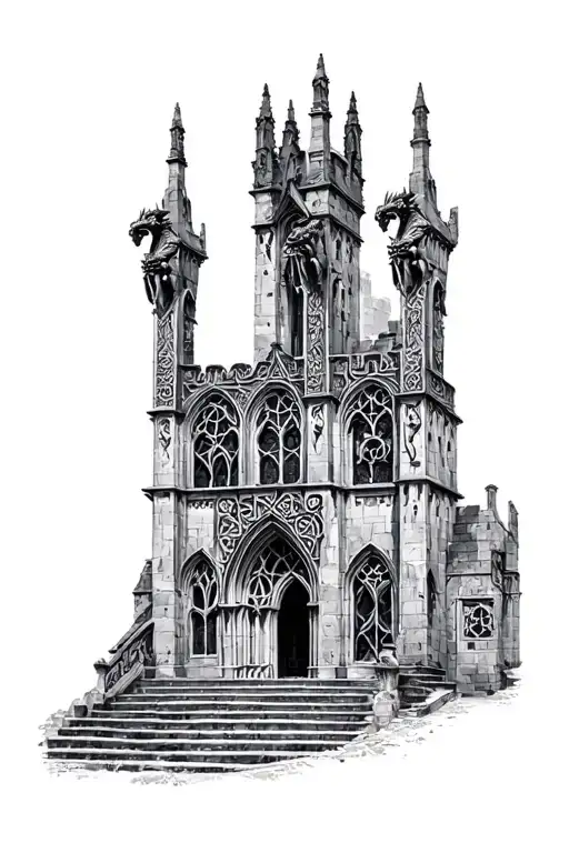 hyperrealistic 8k stone gothic architecture patterns with celtic gargoyles. full castle. tattoo design idea